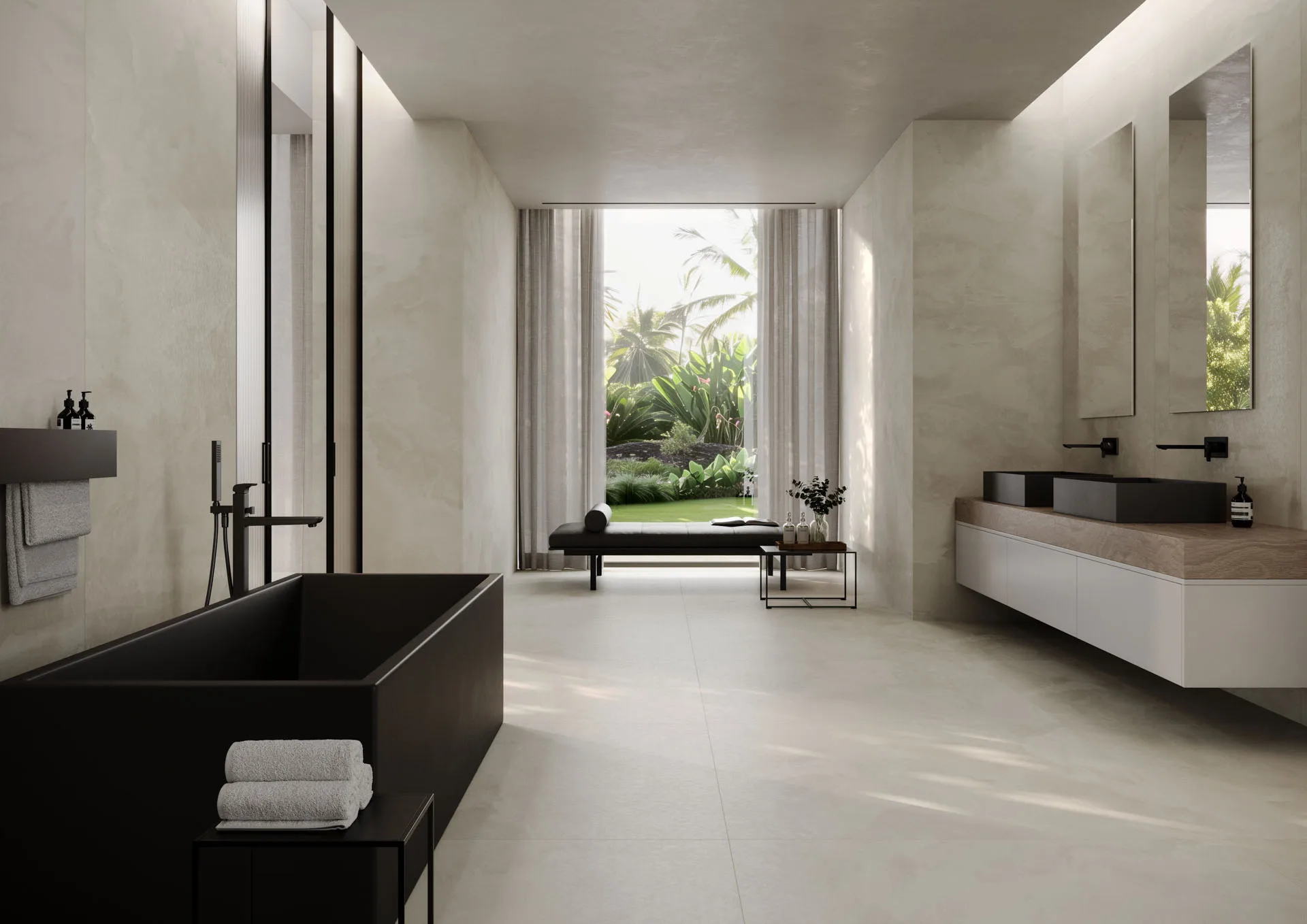 Silentium porcelain surfaces in a bright luxury bathroom