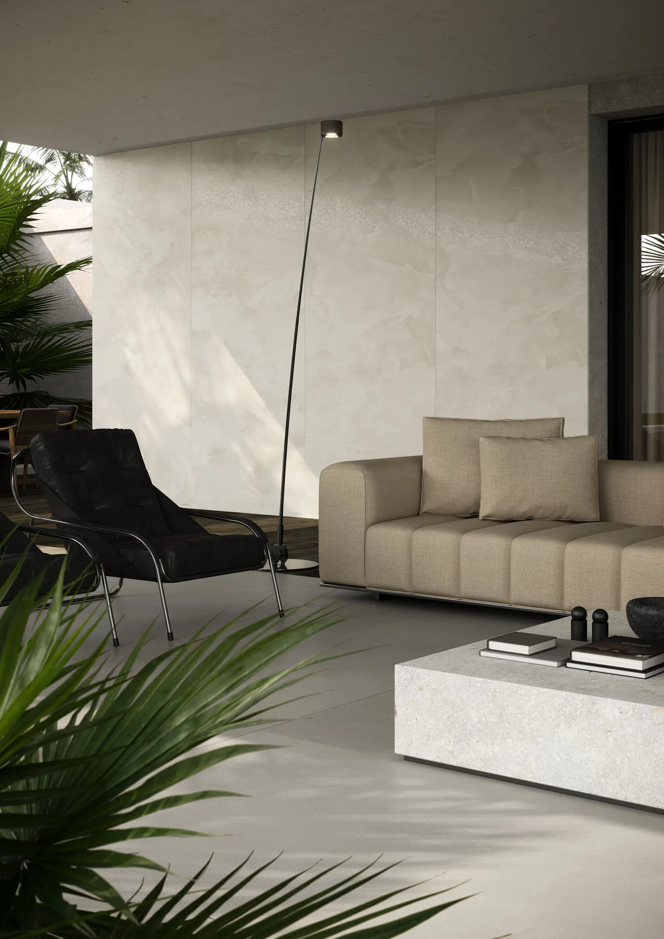 Silentium porcelain surfaces in a covered outdoor lounge