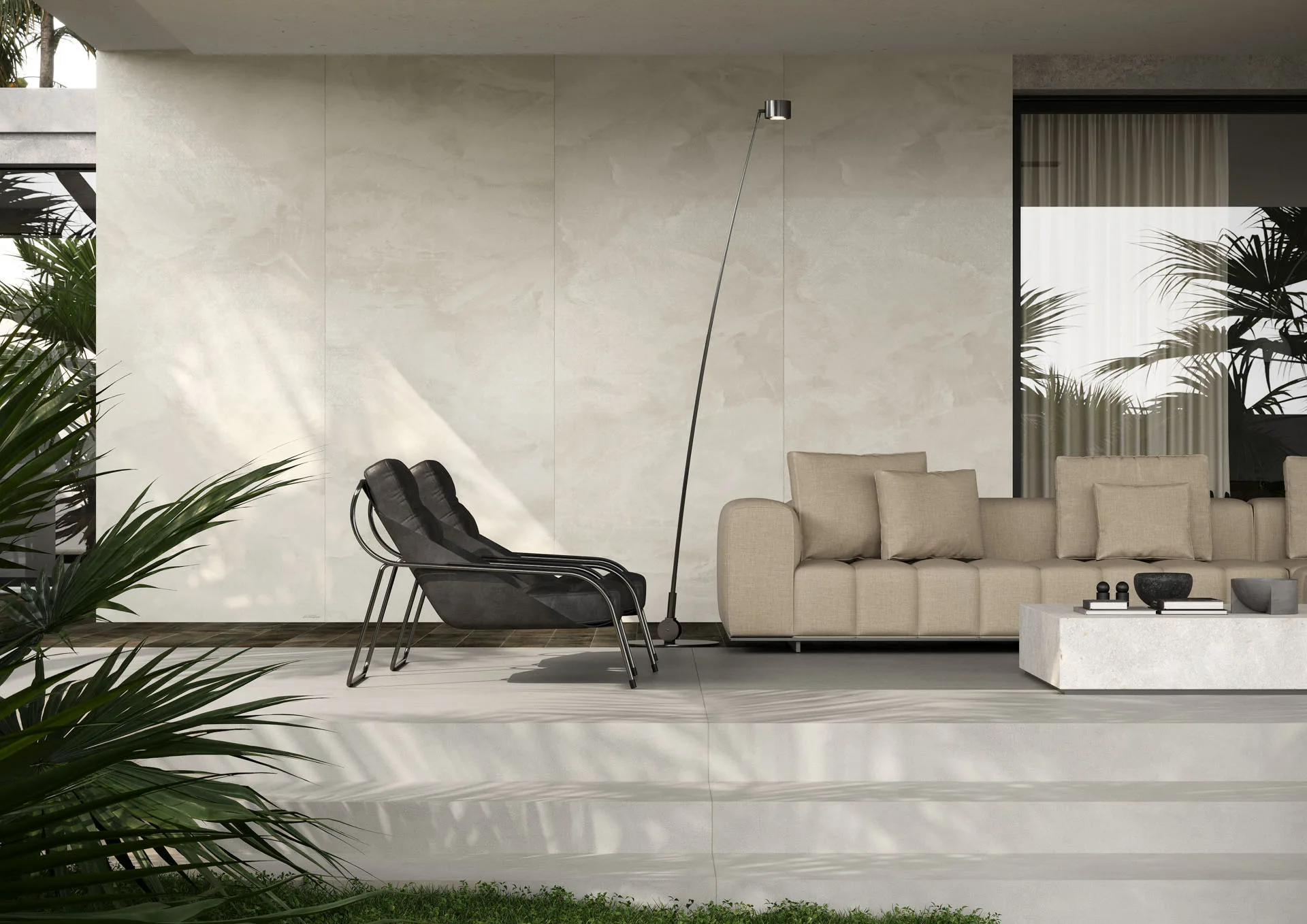 Silentium porcelain surfaces in an outdoor living space