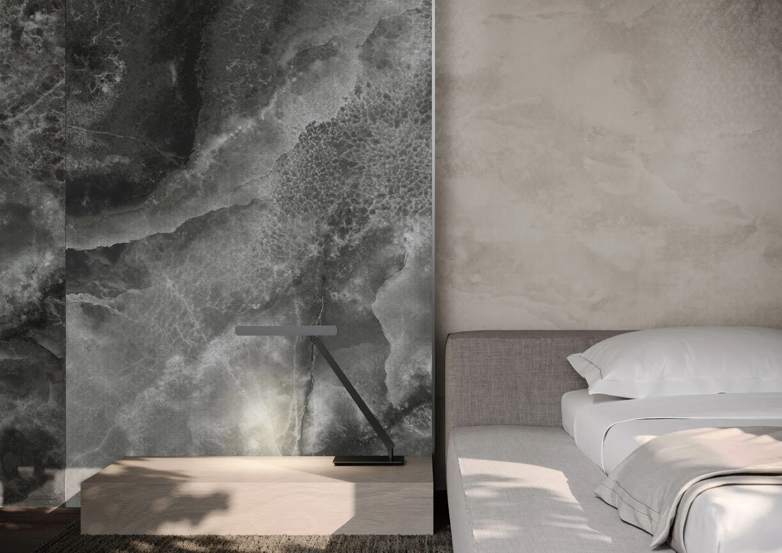 Tempestas porcelain feature wall in a luxury bedroom